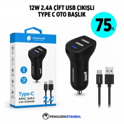 12W 2.4A ÇİFT USB ÇIKIŞLI TYPE C OTO BAŞLIK