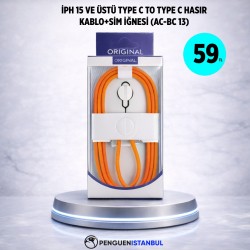 İPH 15 VE ÜSTÜ TYPE C TO TYPE C HASIR KABLO+SİM İĞNESİ (AC-BC 13)