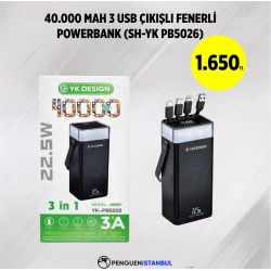 40.000 MAH 3 USB ÇIKIŞLI FENERLİ POWERBANK (SH-YK PB5026)