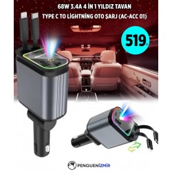 68W 3.4A 4İN 1 YILDIZ TAVAN TYPE C TO LİGHTİNG OTO ŞARJ (AC-ACC 01)