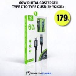 60W DİJİTAL GÖSTERGELİ TYPE C TO TYPE C USB (SH-YK K313)