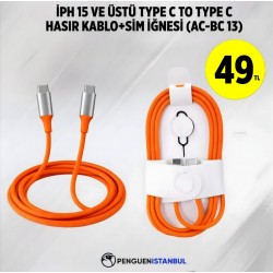 İPH 15 VE ÜSTÜ TYPE C TO TYPE C HASIR KABLO+SİM İĞNESİ (AC-BC 13)