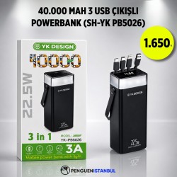 40.000 MAH 3 USB ÇIKIŞLI FENERLİ POWERBANK (SH-YK PB5026)