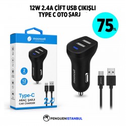 12W 2.4A ÇİFT USB ÇIKIŞLI TYPE C OTO ŞARJ